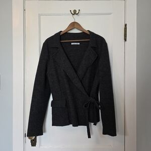 Muriel Dombret 100% Wool Wrap Cardigan Sweater – Size 10 – Charcoal Grey